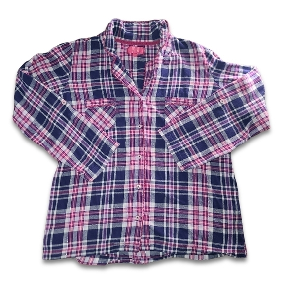 Vs PINK White Pink Blue Silver Plaid Button-Up Pajama Top - Picture 1 of 3
